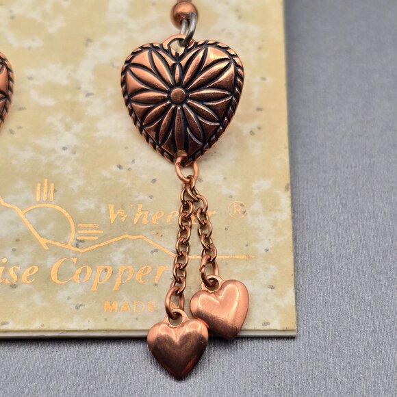 Wheeler Heart-Shaped Copper Dangle Earrings 2" Chain Fringe w/ Hearts Southwest - Picture 2 of 4